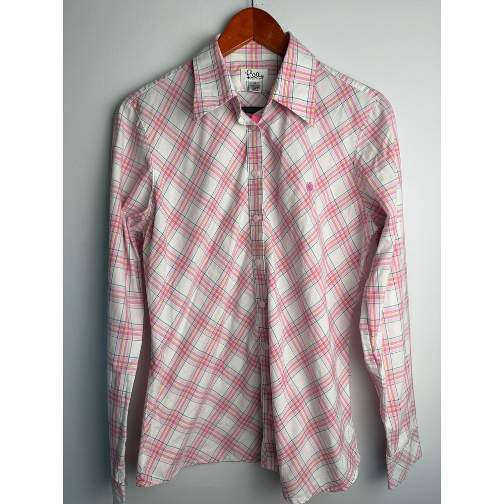 LILLY PULITZER Button Down Shirt Women Pink Green Plaid Palm Tree Logo Size 10